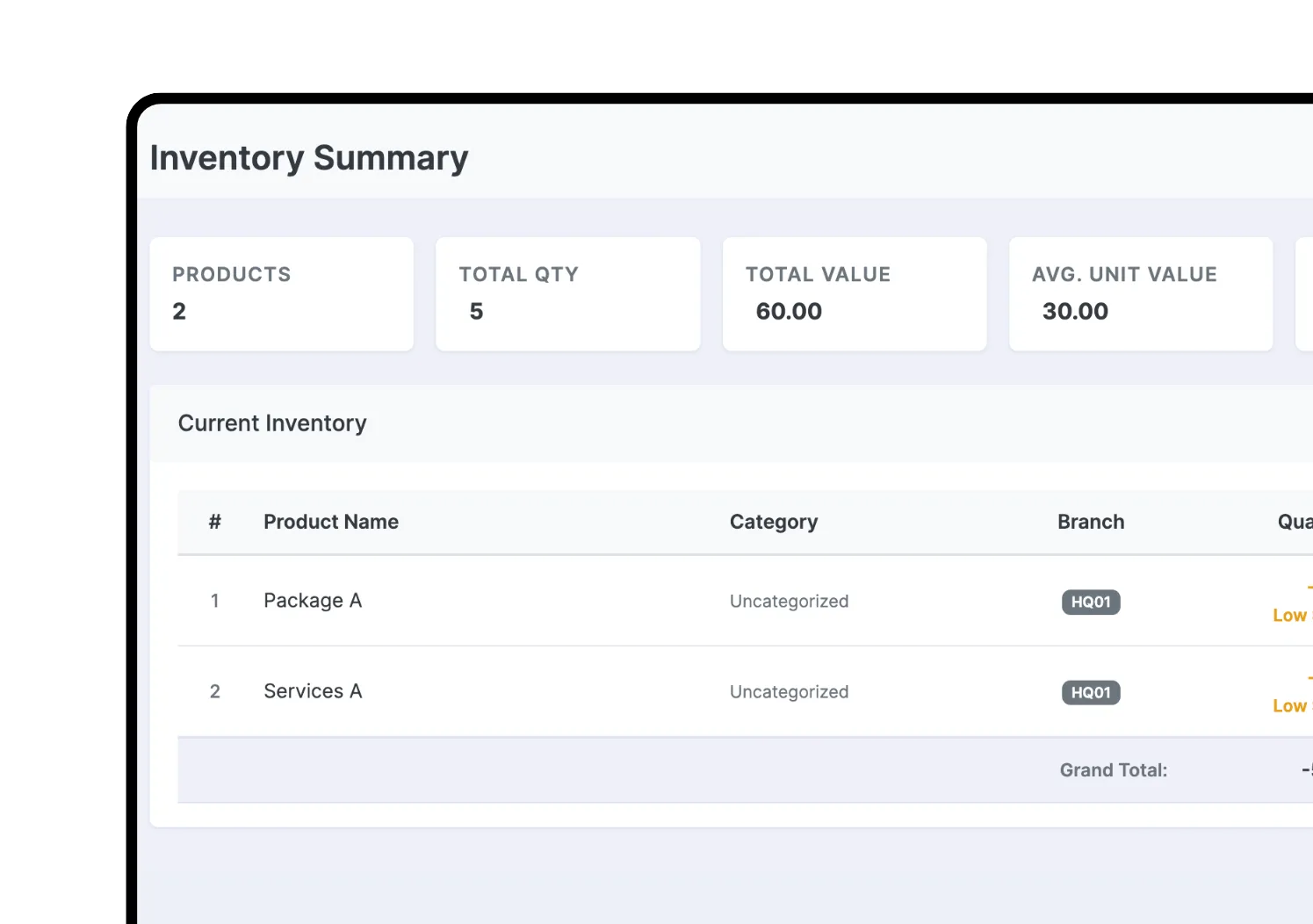 Inventory and stock adjustment list