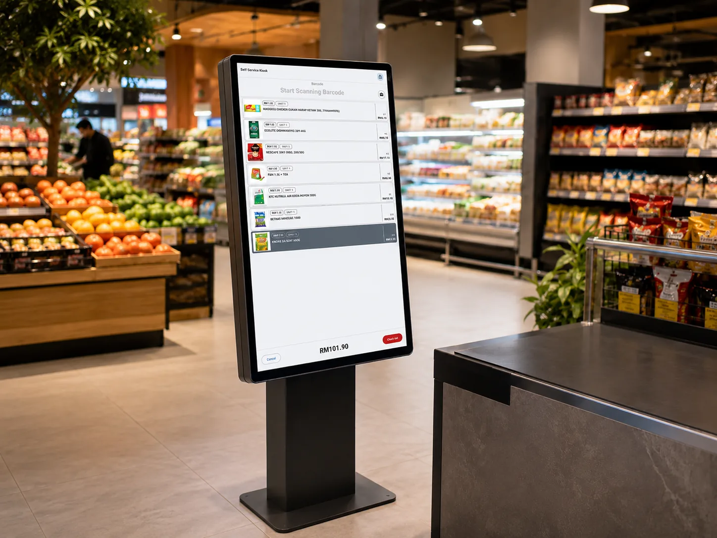 SCO self-checkout + pay direct, halves the queue